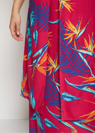 Robe mi-longue sans manches motif végétal Fond Framboise