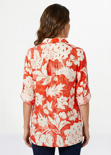 Chemisier ample long fleuri Rouge/Blanc