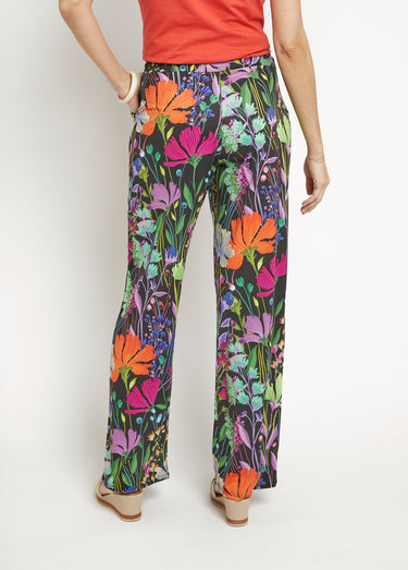 Pantalon fluide stretch, fleuri poétique Imprime Fond Noir