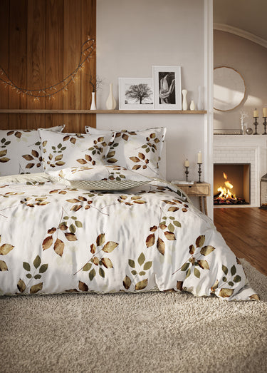 Parure de lit 4 pièces flanelle avec drap plat, automne Imprime Beige