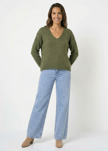 Pull chaud col V en maille avec mohair Kaki