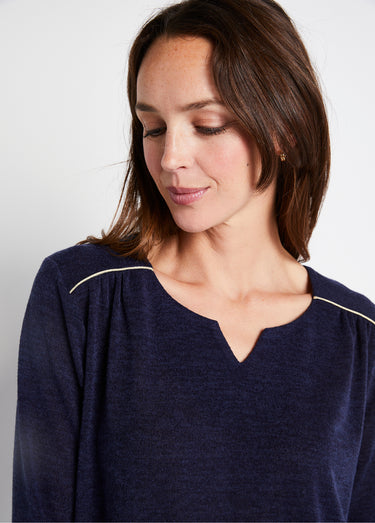 T-shirt long évasé manches 3/4 col rond Uni Marine