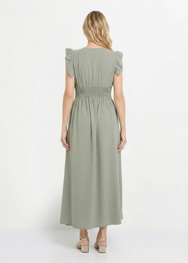 Robe longue sans manches taille plissée Kaki