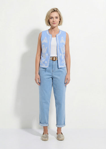 Gilet brodé sans manches toile coton Bleu / Écru