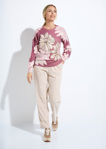 Pull fin imprimé fleurs sequins col rond Grenat