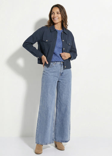 Veste courte en denim, détails ajourés Marine