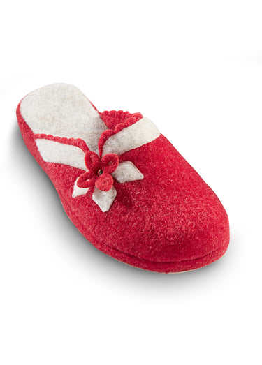 Chaussons mules en feutre, détail fleur Rouge