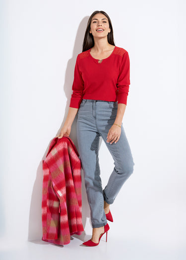 T-shirt maille gaufrée dentelle encolure bijou Rouge