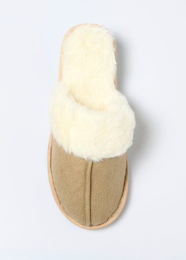 Chaussons fourrés bord fourrure et suédine Beige