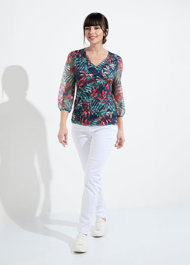 T-shirt col V maille dentelle imprimée Marine/Orange