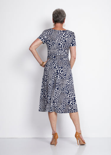 Robe imprimée drapée évasée courte Ecru/Marine