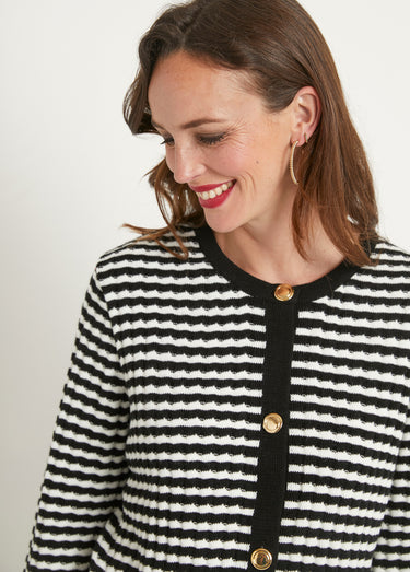 Gilet boutonné rayé chic avec col rond Noir/Ecru
