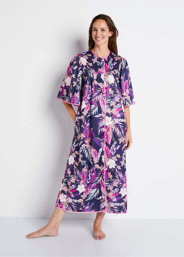 Peignoir long satiné fleuri boutonné Imprime Violet