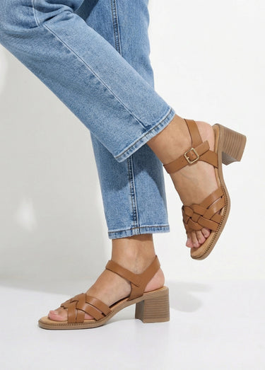 Sandales talon haut, brides fantaisie Camel