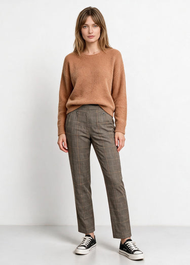 Pantalon droit taille semi élastiquée Carreaux Beige