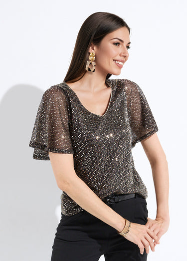 T-shirt pailleté col V manches courtes Noir/Dore