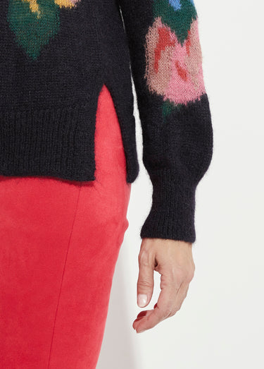 Pull col rond avec mohair jacquard fleuri Marine/Tomette