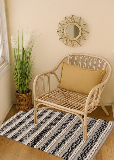 Tapis lirette ethnique rayé, 110x60cm Blanc / Noir