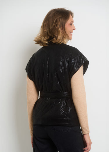 Veste matelassée sans manches ceinturée Noir Brillant