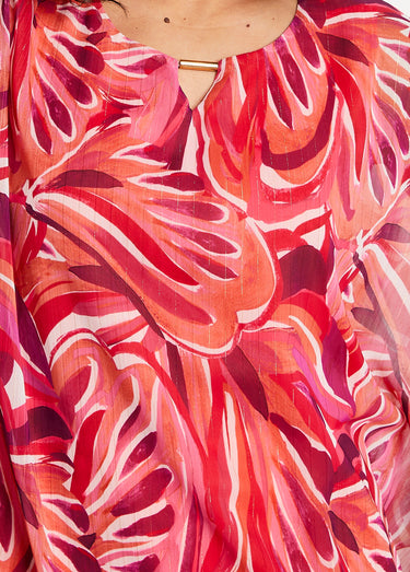 Tunique fluide longue motif feuilles Fuchsia/Rose