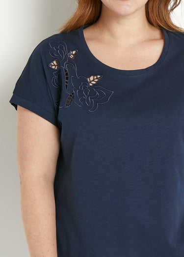 T-shirt brodé ajouré manches courtes Marine