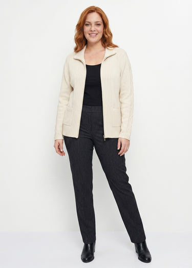 Gilet zippé uni mi-long maille épaisse Ecru