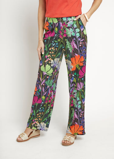 Pantalon fluide stretch, fleuri poétique Imprime Fond Noir