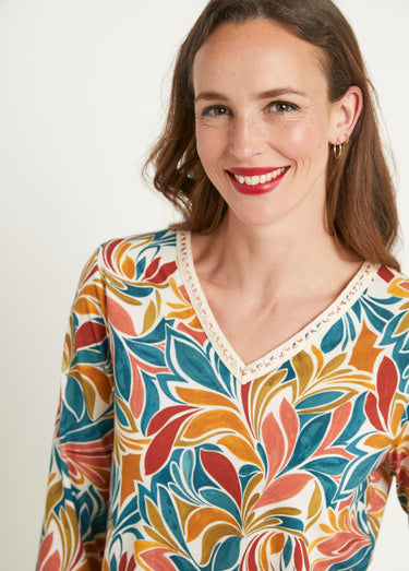 T-shirt court imprimé col V extensible Miel/Aqua