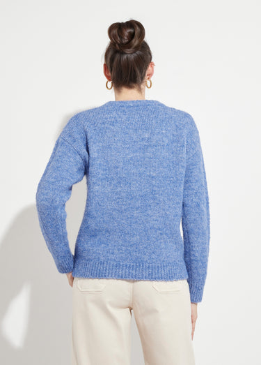 Pull moelleux col rond fleurs brodées Bleu