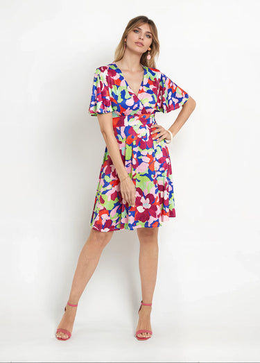 Robe cache-cœur manches papillon motif arty Rose imprimé