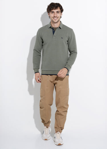Pull maille fantaisie, col polo boutonné Kaki