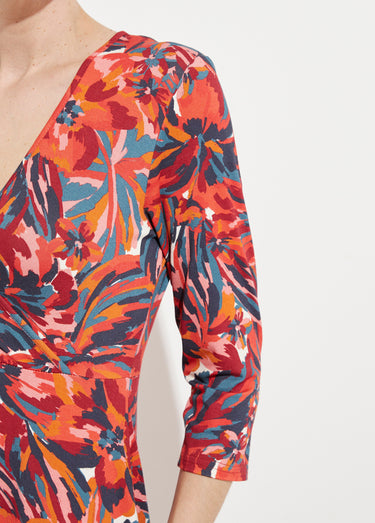 Robe cache-coeur courte manches 3/4 motif floral Imprime Tomette
