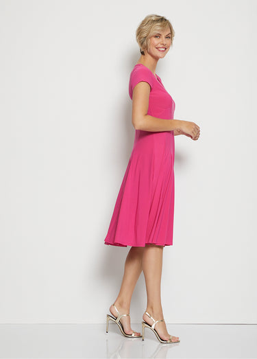Robe mi-longue évasée col V Uni Fuchsia