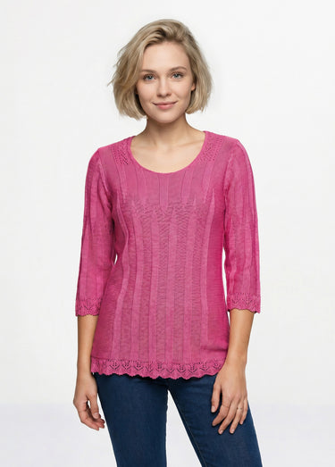 Pull court ajouré col rond Fuchsia
