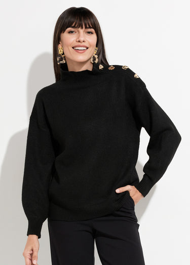Pull col montant boutons bijou métal Noir