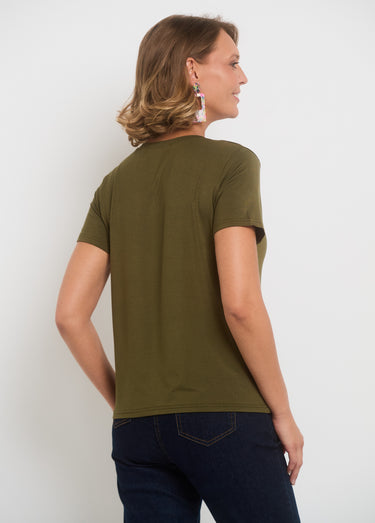 T-shirt fluide col V manches courtes Kaki