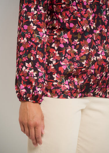 Blouse imprimée col V manches élastiquées Rouge/Noir