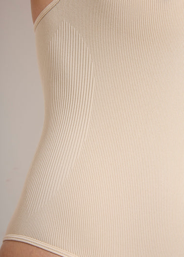 Body sculptant col V, jersey cotelé Beige