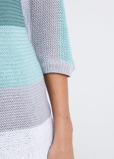 Pull rayé manches 3/4 point mousse Aqua/Gris
