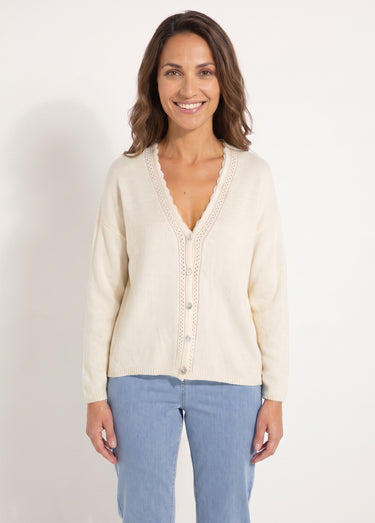 Gilet boutonné col V ajouré et macramé Ecru