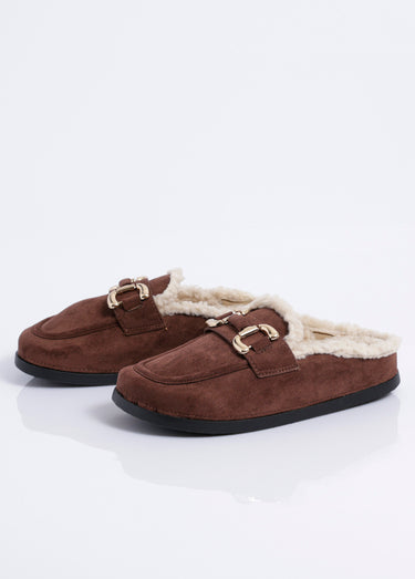 Mules en suédine fourrées et bride métal Marron