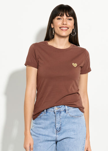 T-shirt col rond broderie coeur poitrine Marron