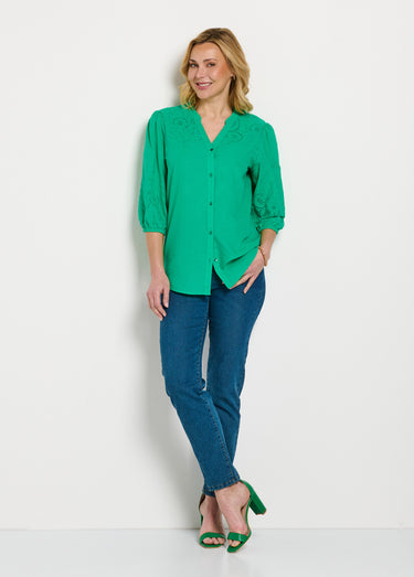 Chemisier long coton brodé manches 3/4 Vert