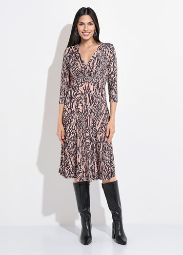 Robe fluide taille drapée motif tigré Noir/Beige