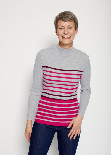Pull court col montant maille côtelée Raye Fuschia