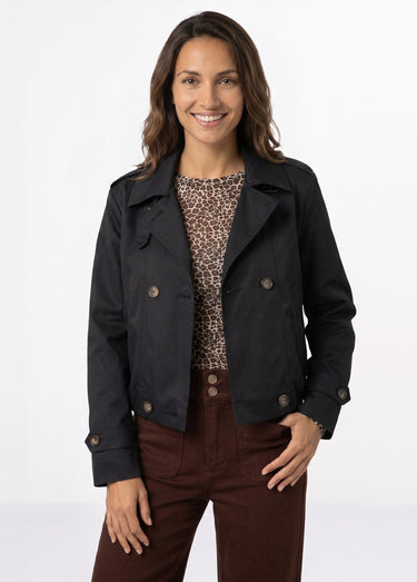 Trench court boutonné, taille bouffante Noir