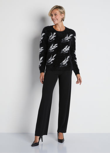 Pull jacquard maille poilue manches longues Noir/Ecru