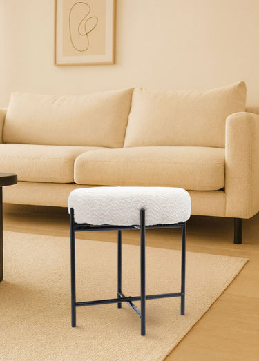 Pouf en métal, coussin aspect laineux Blanc