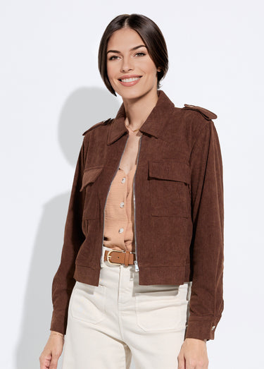 Blouson zippé court velours grosses cotes Marron