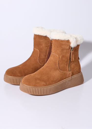 Boots en cuir fourrées, semelle épaisse Camel